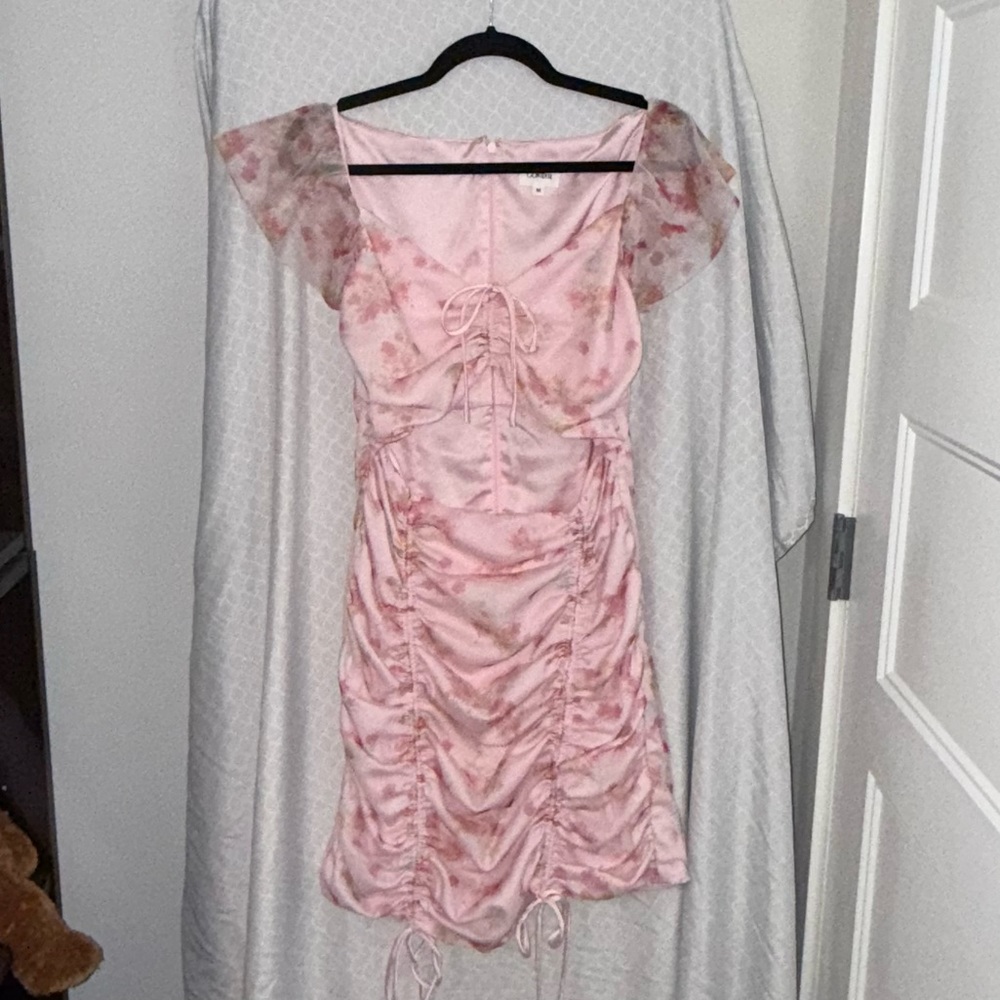 SALE 💚 Contenta Pink Floral Rouched Dress with Sheer Sleeves M